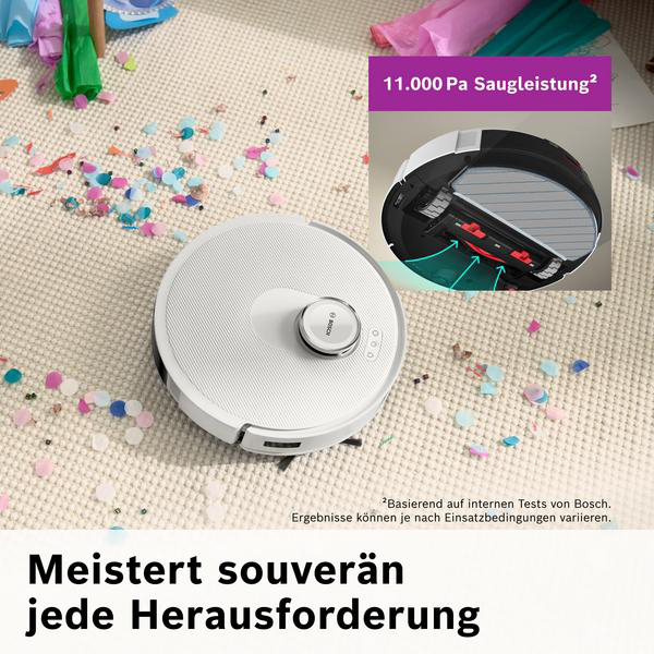 Ein weißer Roboter-Staubsauger auf einem gemusterten Teppich mit Konfetti. Ein Diagramm zeigt seine inneren Funktionen. Text: 'Meistert souverän jede Herausforderung'.
