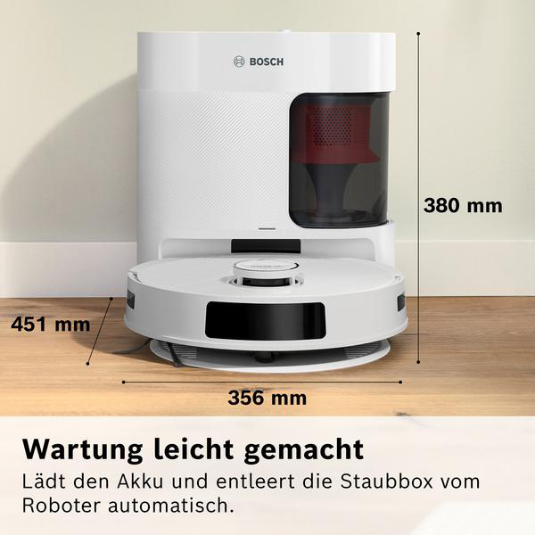 Ein weißer Bosch-Roboter-Staubsauger mit Ladestation. Abmessungen 451 mm x 356 mm x 380 mm. Text: Wartung leicht gemacht.