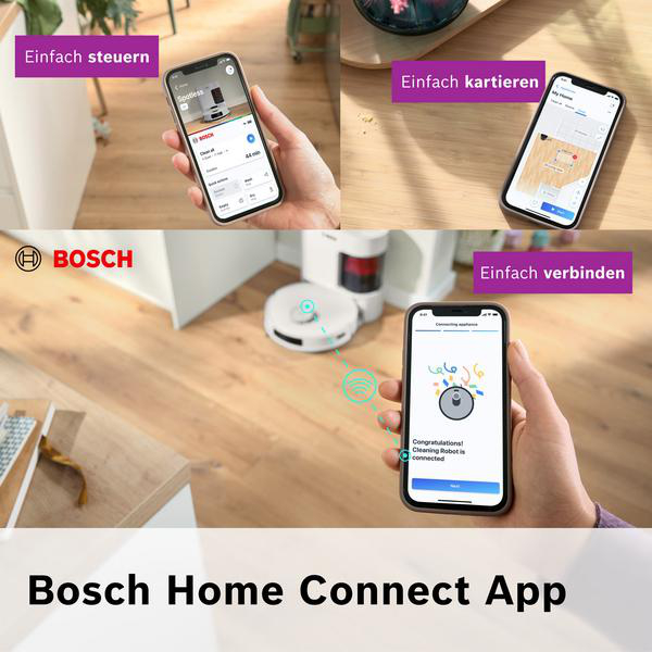 Das Bild zeigt die Bosch Home Connect App mit einem Roboter-Staubsauger. Es zeigt Verbindungs-, Karten- und Steuerungsoptionen.