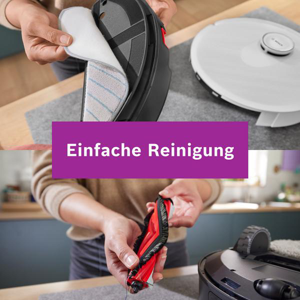 Hände halten Teile eines Roboter-Staubsaugers. Ein lilafarbenes Banner sagt 'Einfache Reinigung'. Die Maschine ist zur Reinigung in Teilen.