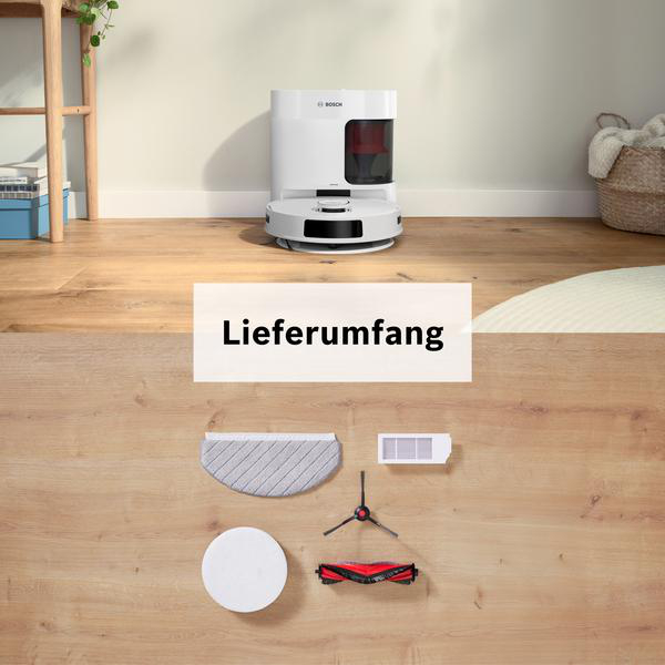 Ein weißer Roboterstaubsauger mit Zubehör steht auf einem Holzboden. Das Zubehör umfasst einen Mopp, einen Filter und eine Bürste.