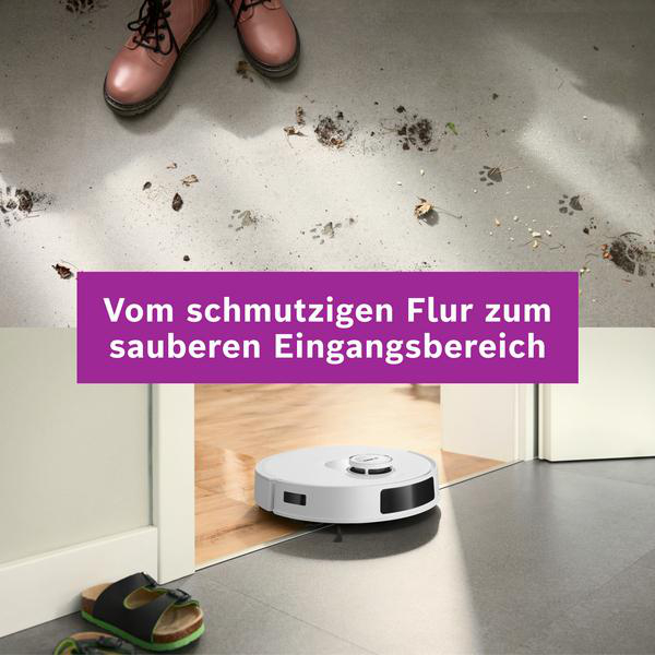 Ein schmutziger Boden mit Fußabdrücken und ein Roboter-Staubsauger, sauberer Flur im Hintergrund, Text: Vom schmutzigen Flur zum sauberen Eingangsbereich.
