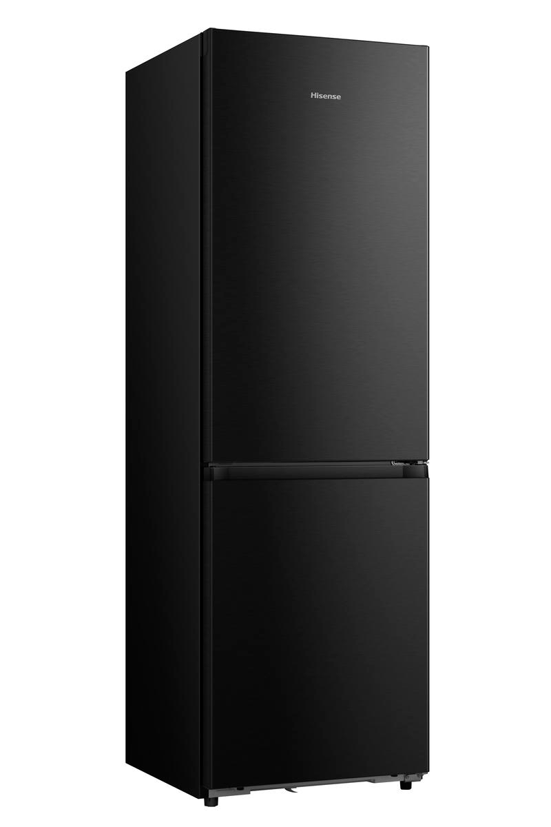 Ein schwarzer Hisense-Kühlschrank mit oberem und unterem Abschnitt. Er hat einen Griff an der unteren Tür. Die Oberfläche ist glatt.