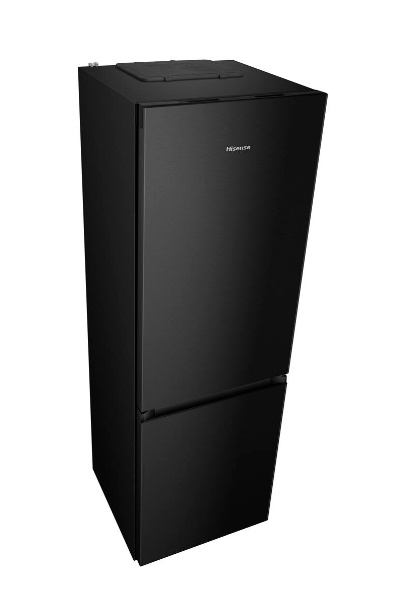Ein schwarzer Hisense-Kühlschrank wird gezeigt. Er hat einen oberen Teil und eine untere Schublade. Die Oberfläche ist glatt und der Hintergrund ist weiß.