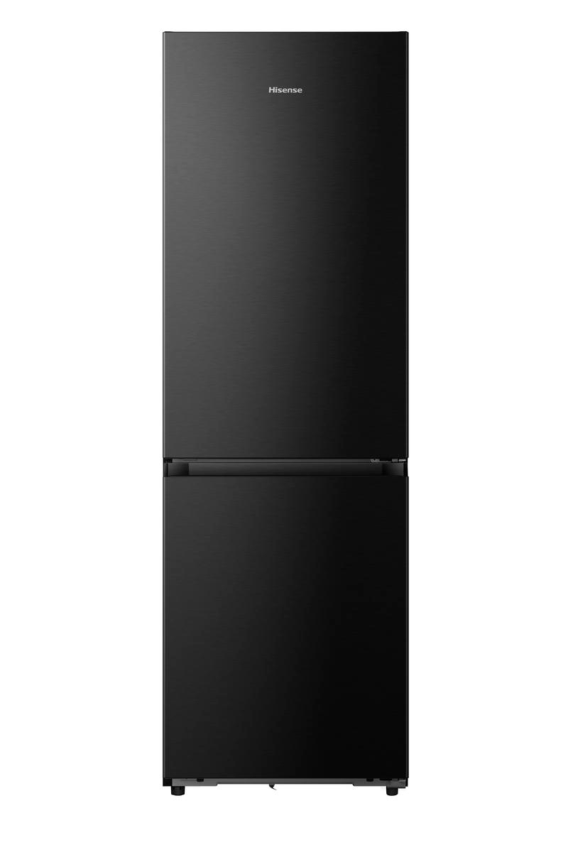 Ein schwarzer Hisense-Kühlschrank. Der obere Teil ist eine Tür, der untere eine Schublade. Der Markenname ist auf der oberen Tür sichtbar.