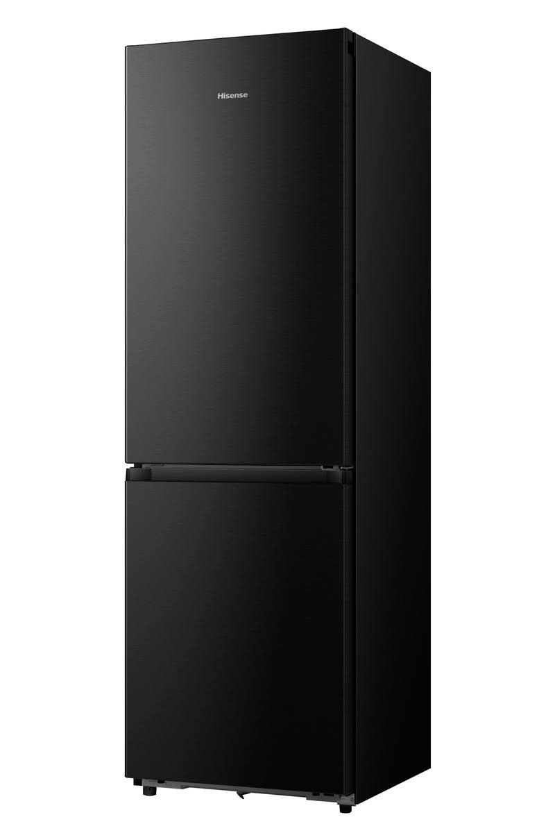 Ein schwarzer Hisense-Kühlschrank mit einer oberen Tür und einer unteren Schublade. Der Markenname ist oben sichtbar.