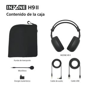 Auriculares negros, una funda de transporte, cables y un micrófono se muestran sobre fondo blanco.