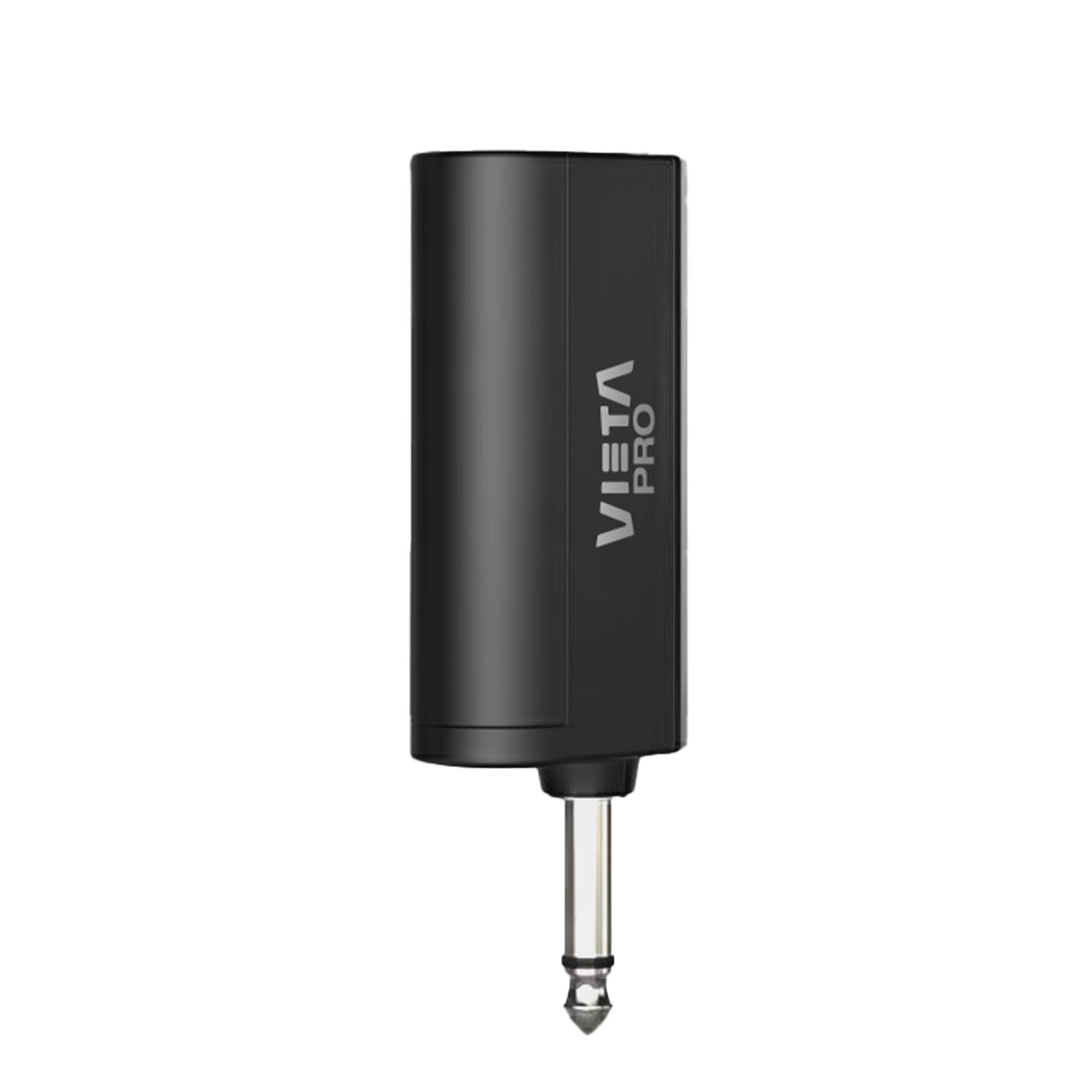 Un adaptador de micrófono VISTA PRO negro con un enchufe plateado en la base, fondo blanco.