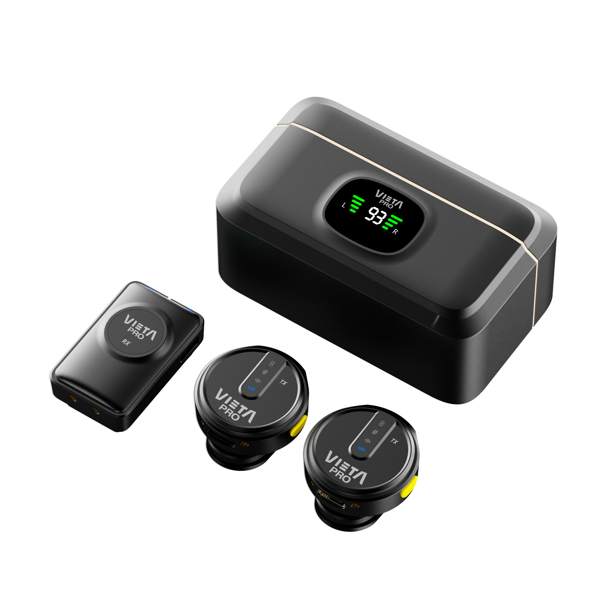 Juego de equipos de audio negro: receptor, dos transmisores y una funda de carga. Cada pieza tiene el logo 'VIETA PRO'.