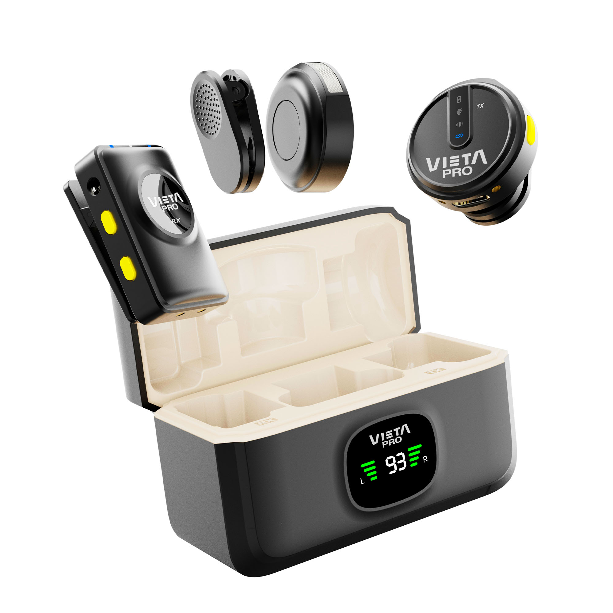 Un conjunto de dispositivos de audio negros Vista Pro, que incluyen un estuche de carga, receptor, transmisor y micrófonos de clip, sobre fondo blanco.