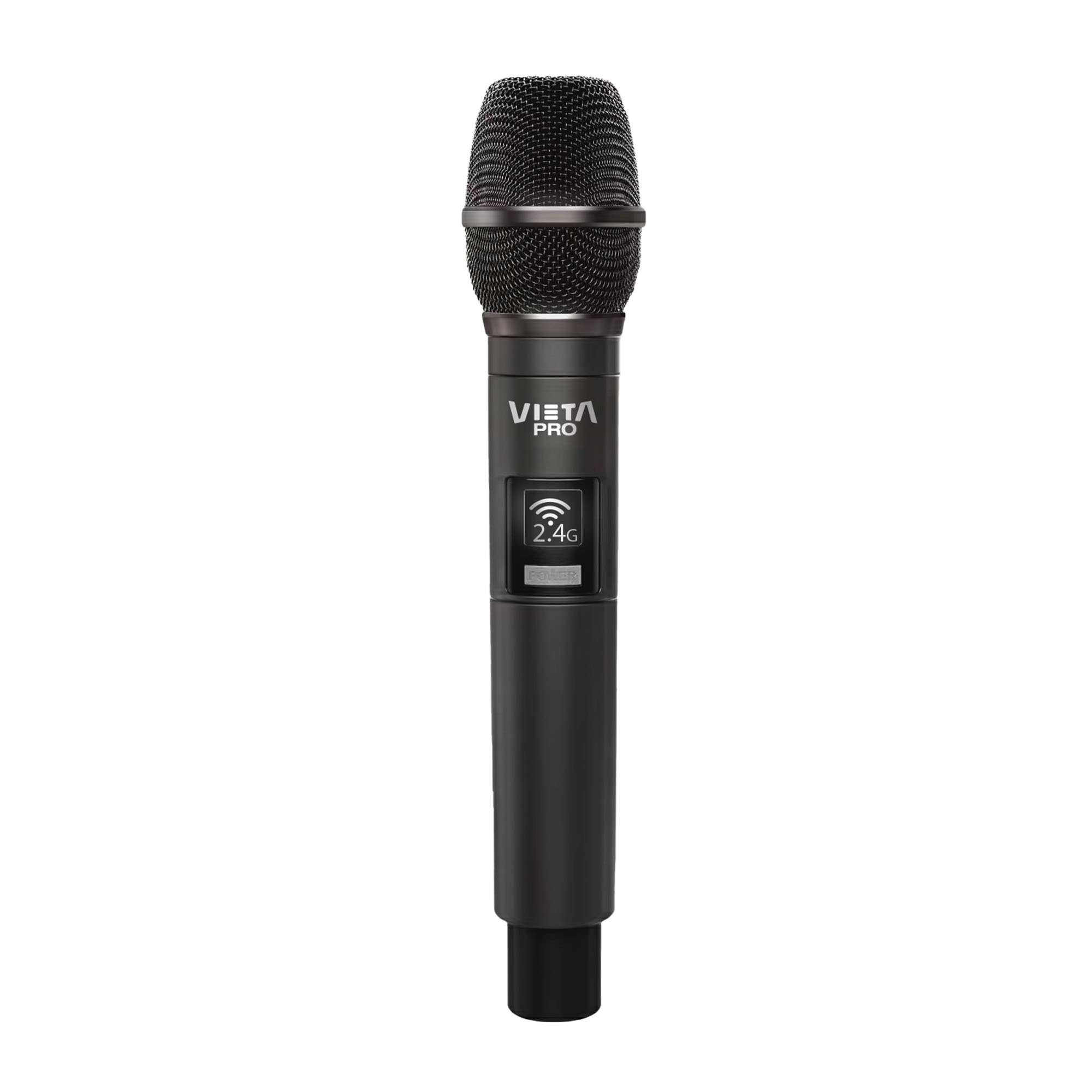 Un micrófono inalámbrico VIETA PRO negro. Tiene una cabeza de malla, un cuerpo con botones y un indicador 2.4G.