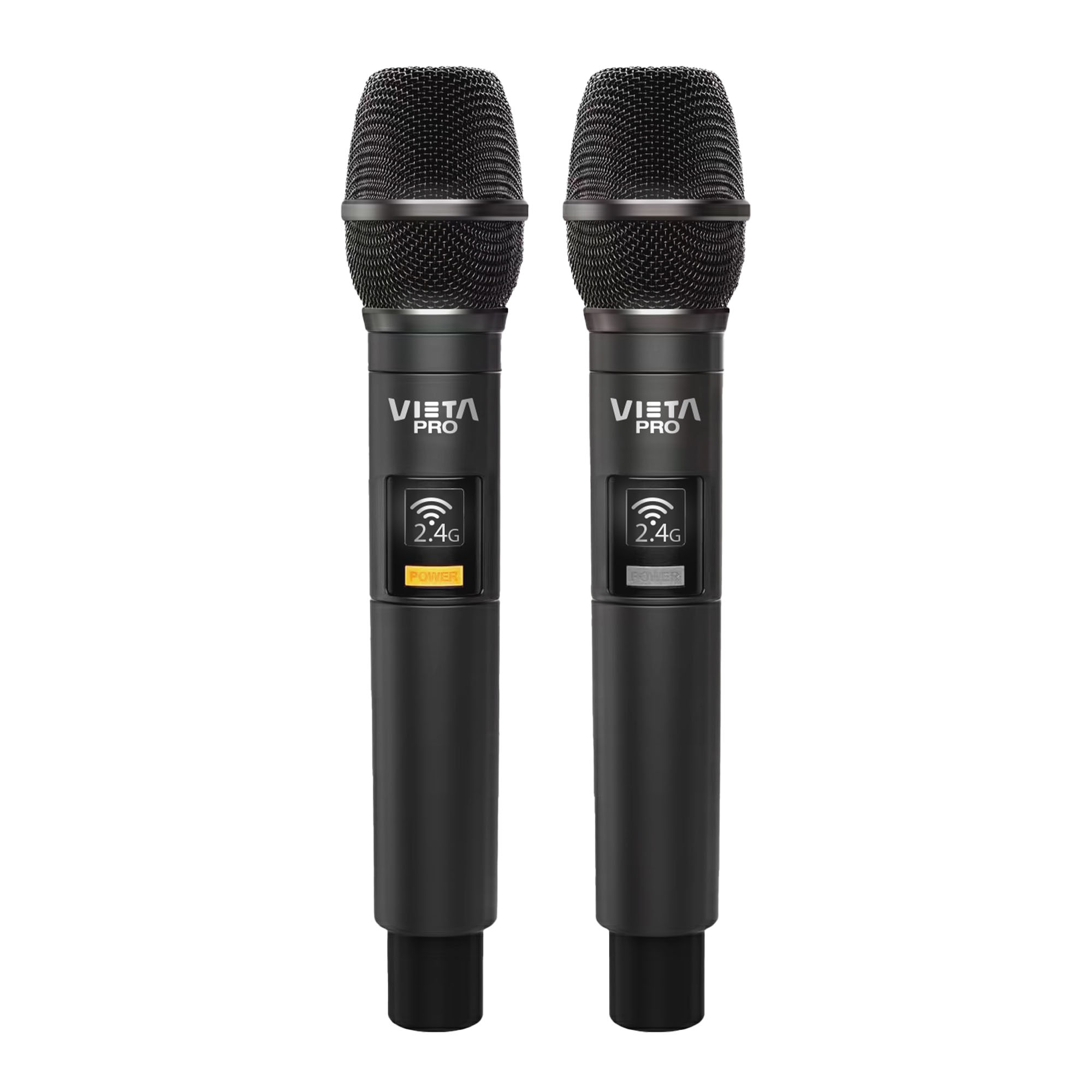 Dos micrófonos negros, marca VISTA PRO, con 2.4G y botón de encendido. Aislados sobre fondo blanco.