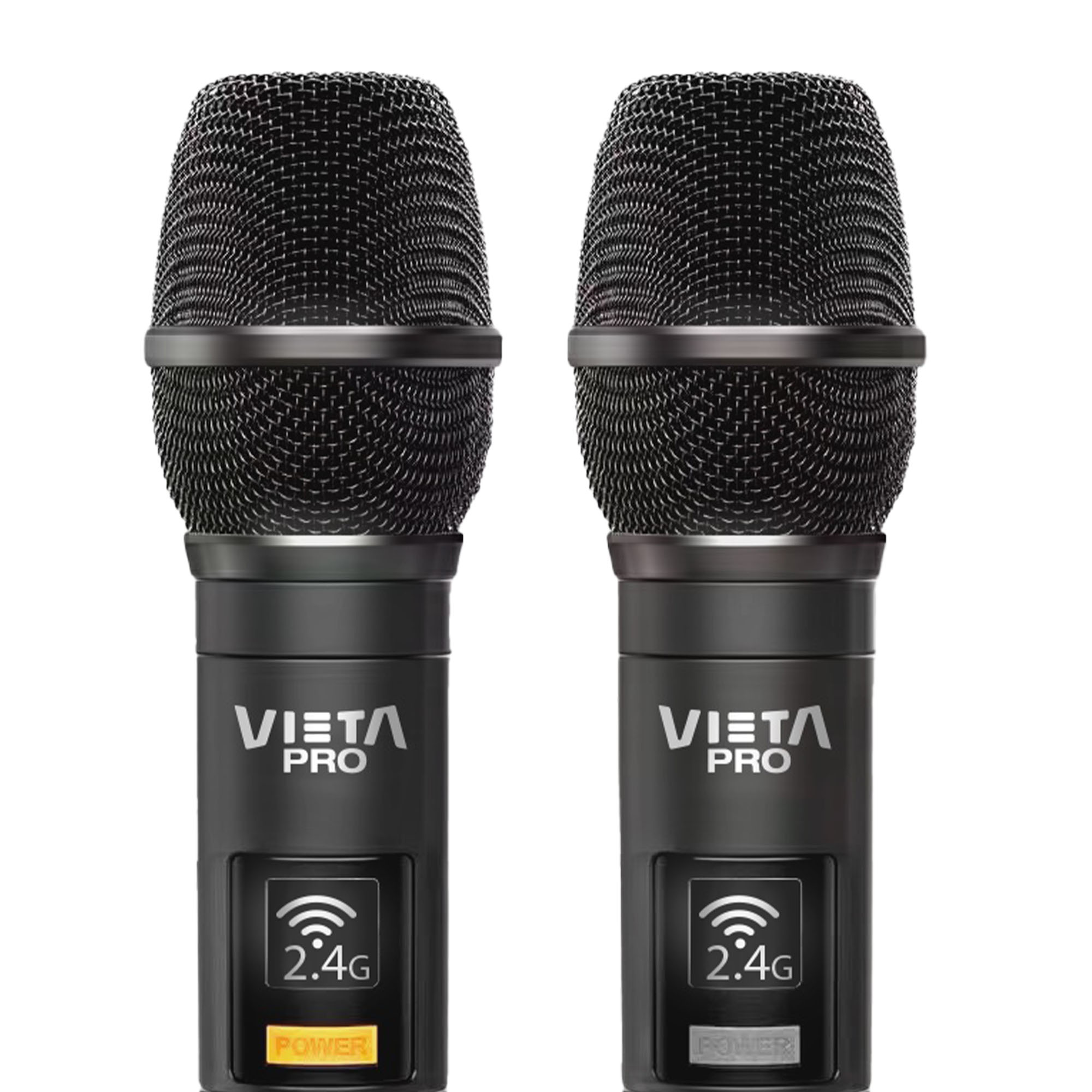 Dos micrófonos negros con la etiqueta 'VIETA PRO', un icono de 2.4G y 'POWER'. Se ven cabezas de malla y cuerpos cilíndricos.