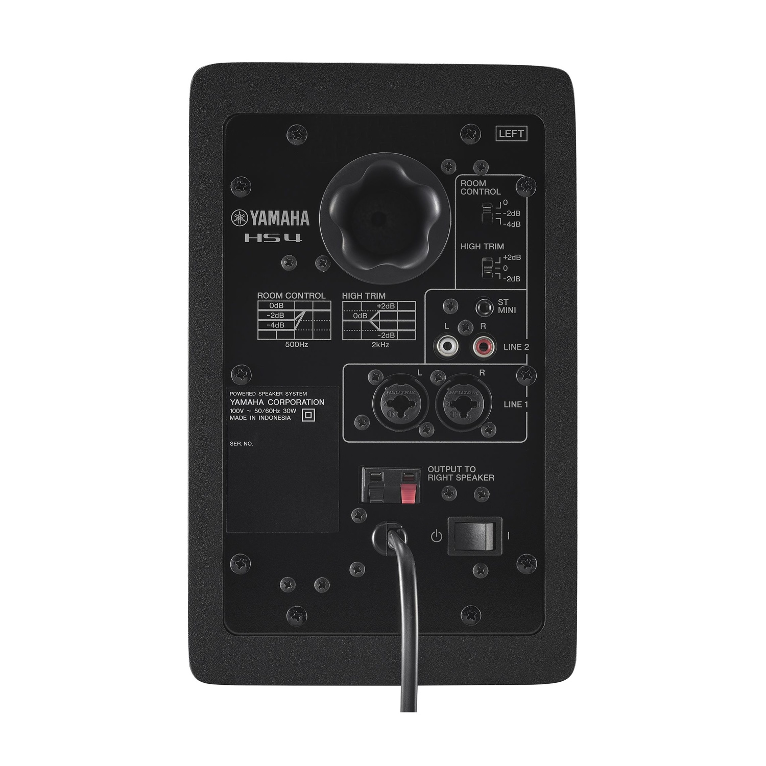 Pannello posteriore nero dell'altoparlante Yamaha HSU con controlli, ingressi e uscite. Include controllo ambiente, regolazioni alti e interruttore.