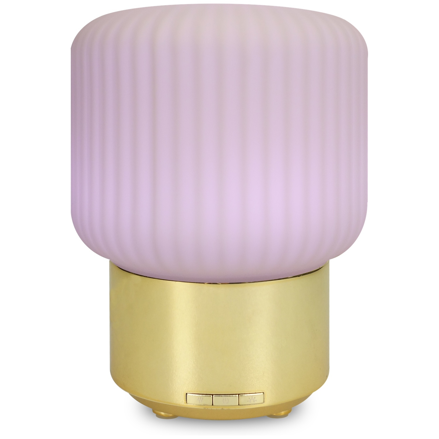 A lamp with a ribbed, lilac-colored top and a gold-colored base. The base has buttons. It is on a white background.