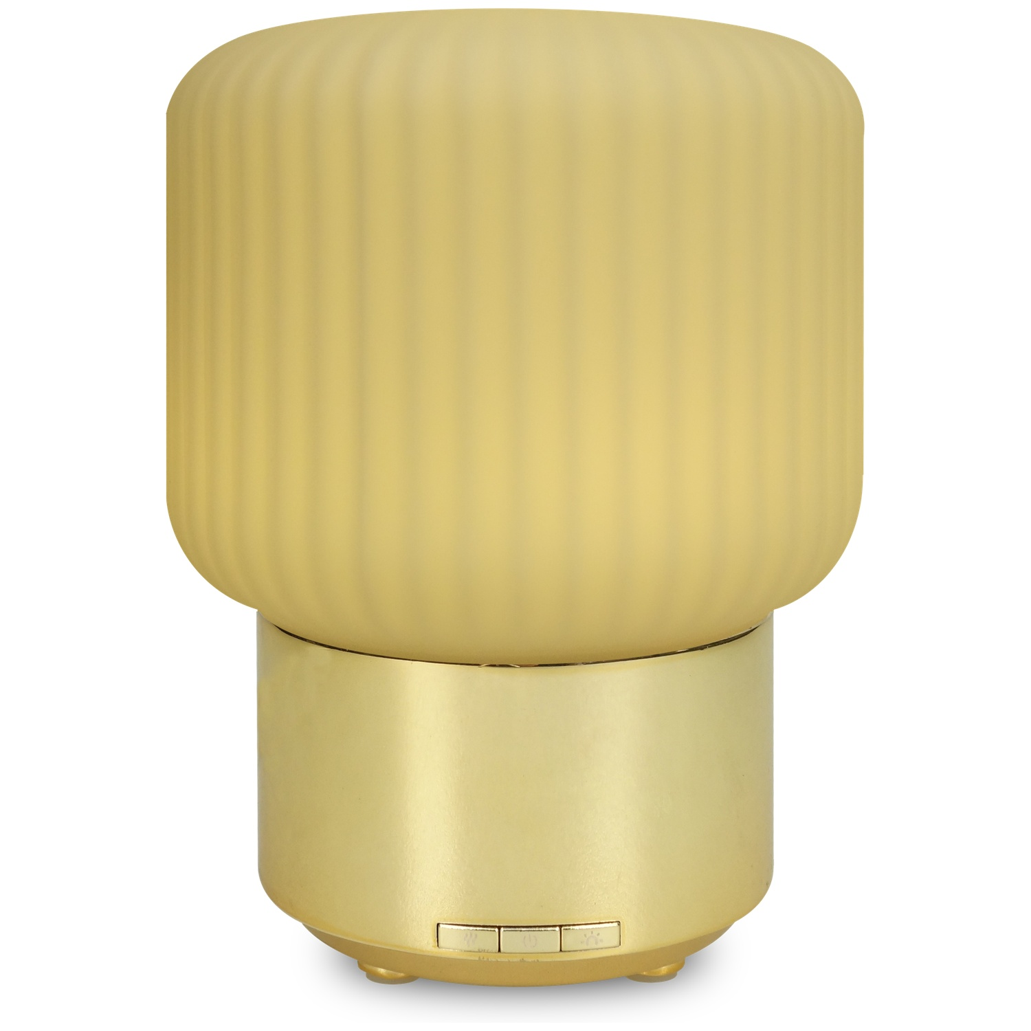 A cylindrical, two-part aromatherapy diffuser with a gold base and a ribbed, pale yellow upper section.