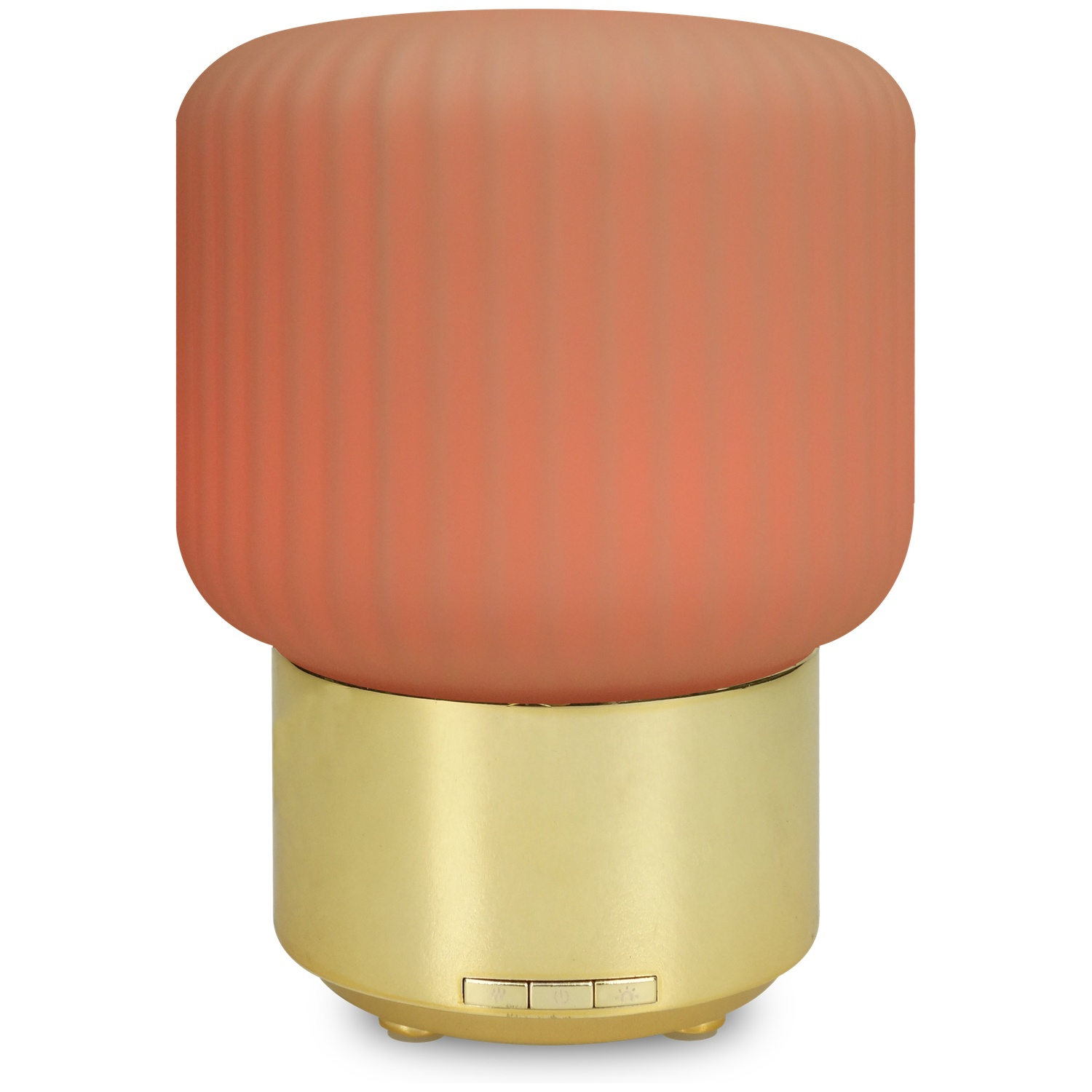 A lamp with a ribbed, peach-colored top and a gold-colored base. The base has buttons. It is on a white background.