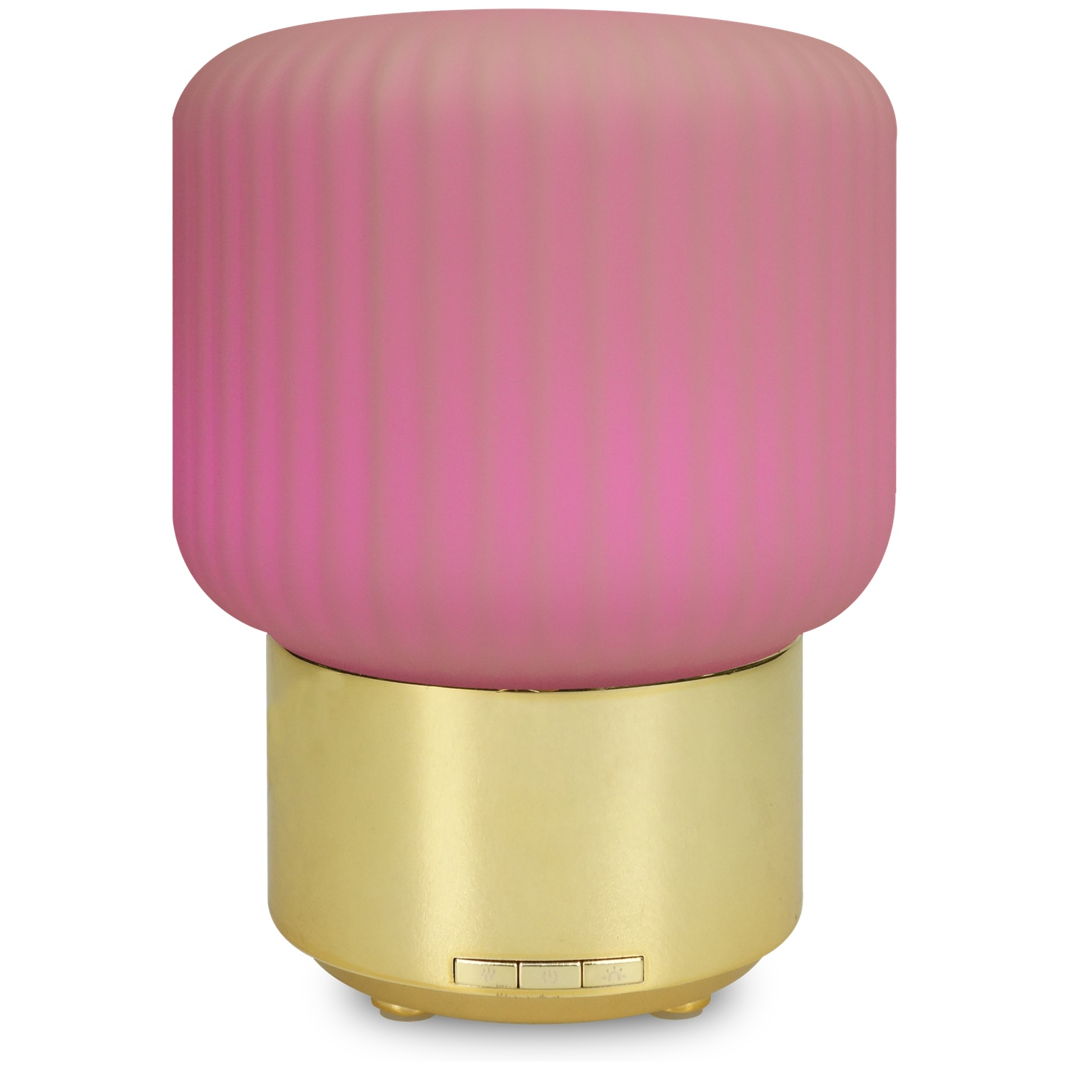 A pink, ribbed, cylindrical lamp shade sits atop a gold base. Two small buttons are visible on the base.