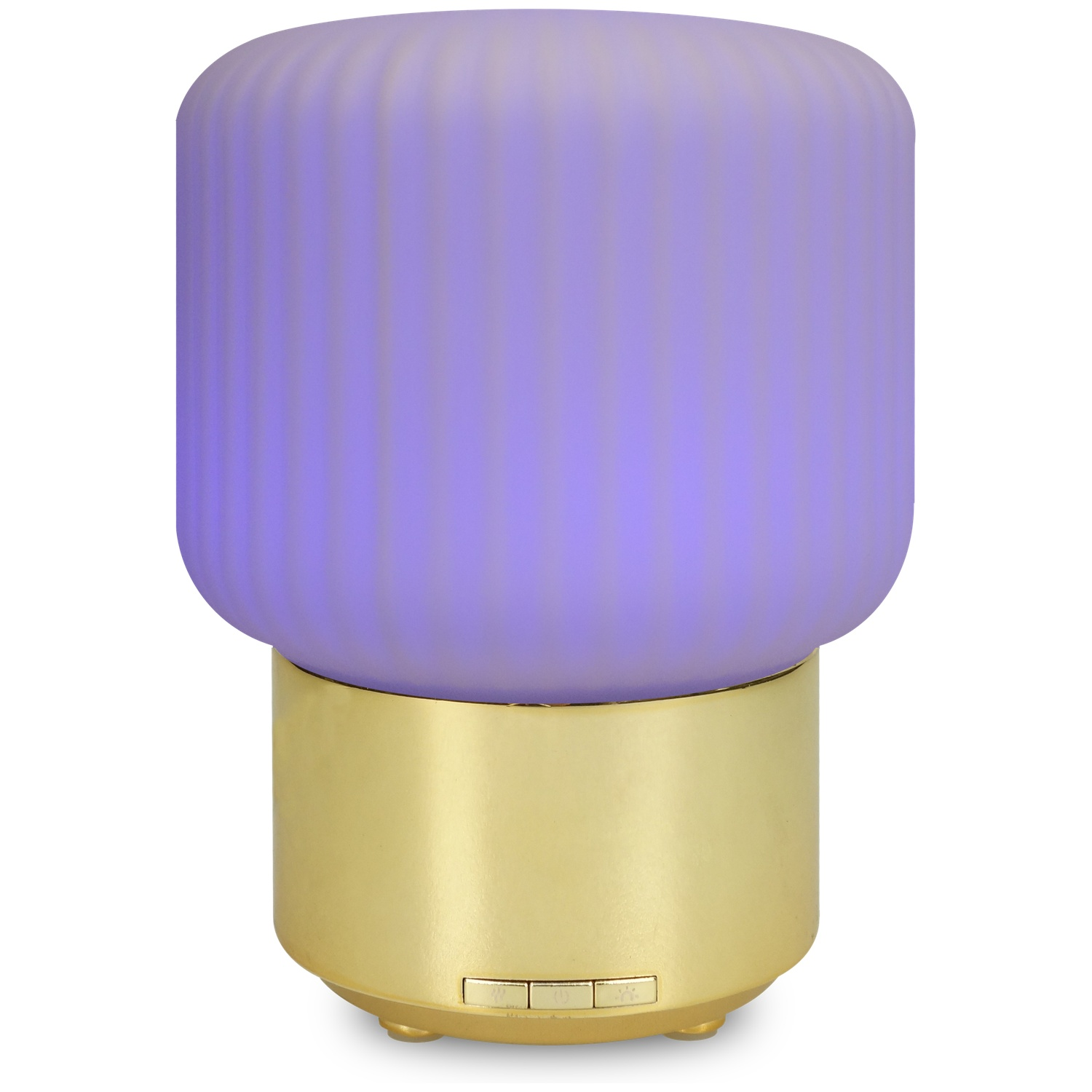 A decorative lamp with a gold base and a purple, cylindrical, ridged top. Two buttons are visible on the base.