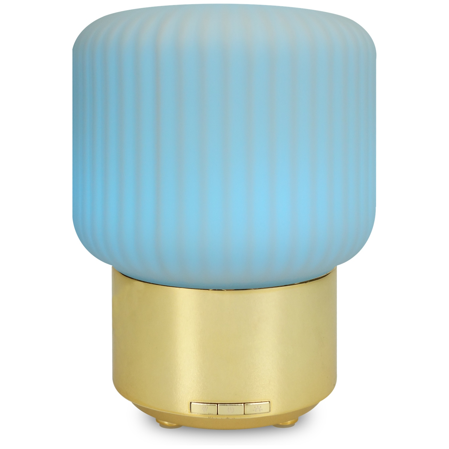 A cylindrical lamp with a gold base and a blue, ribbed top. The lamp has two buttons on the base. The background is white.