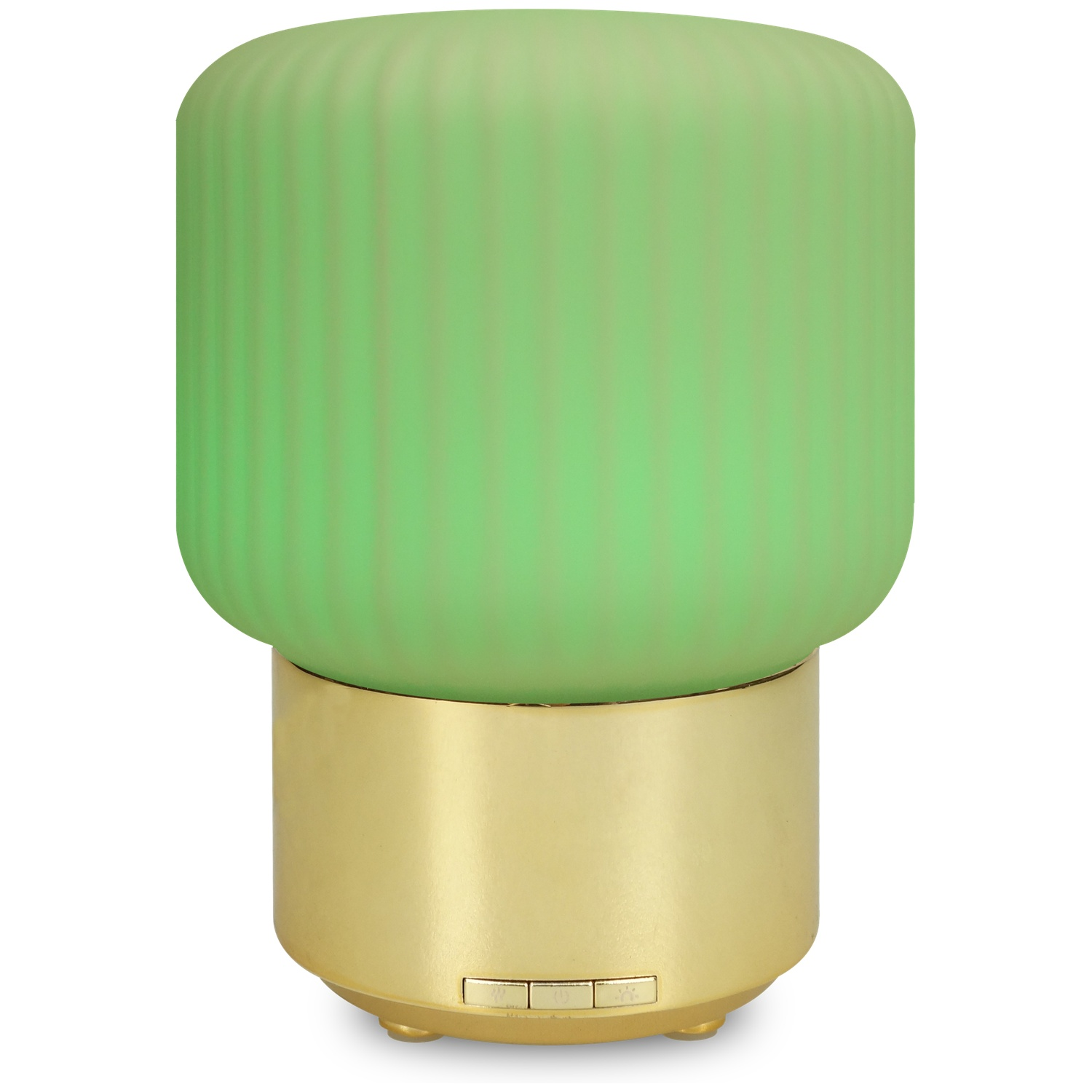A decorative lamp with a gold base and a green, ribbed, cylindrical top. There are buttons on the base.