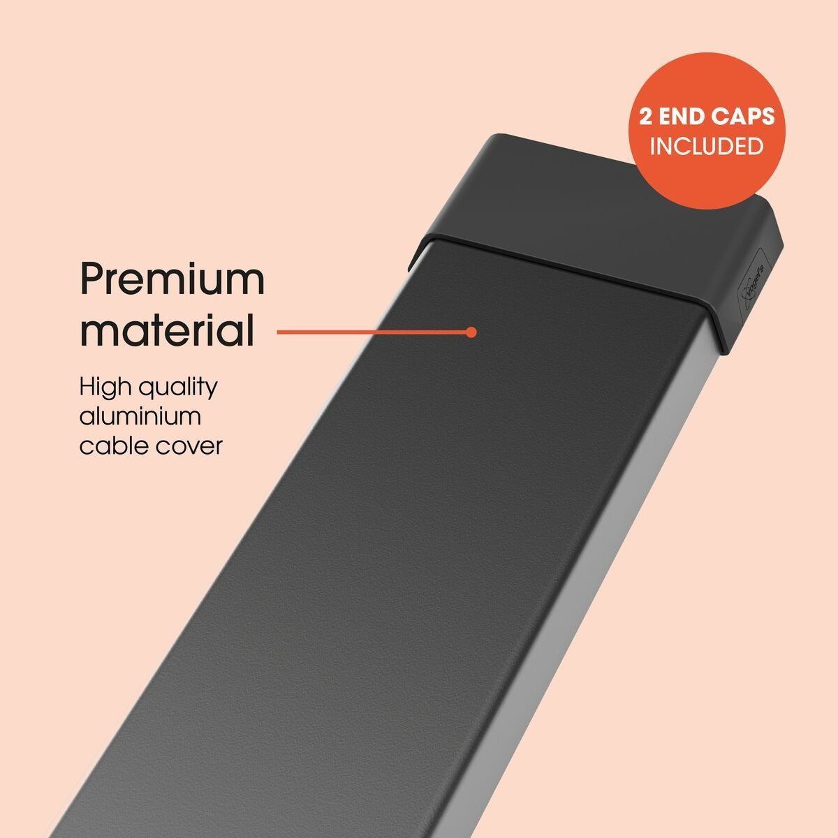 Czarna osłona kabla z zaślepkami. Tekst: Materiał premium, wysokiej jakości aluminiowa osłona kabla. Pomarańczowe koło: 2 zaślepki w zestawie.