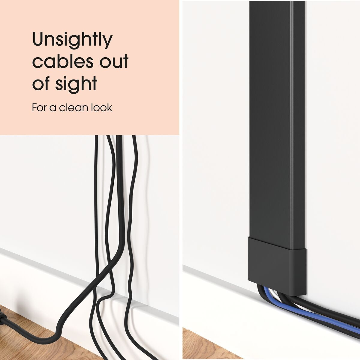 Obraz przedstawia czarne kable na białej ścianie i system zarządzania kablami. Tekst po lewej stronie mówi: 'Nieestetyczne kable poza zasięgiem wzroku'.