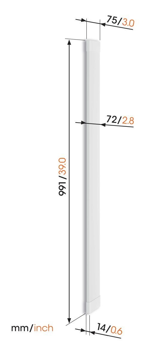 Biały, prostokątny obiekt z wymiarami. Wymiary to: 991/39.0, 75/3.0, 72/2.8 i 14/0.6, podane w mm/calach.