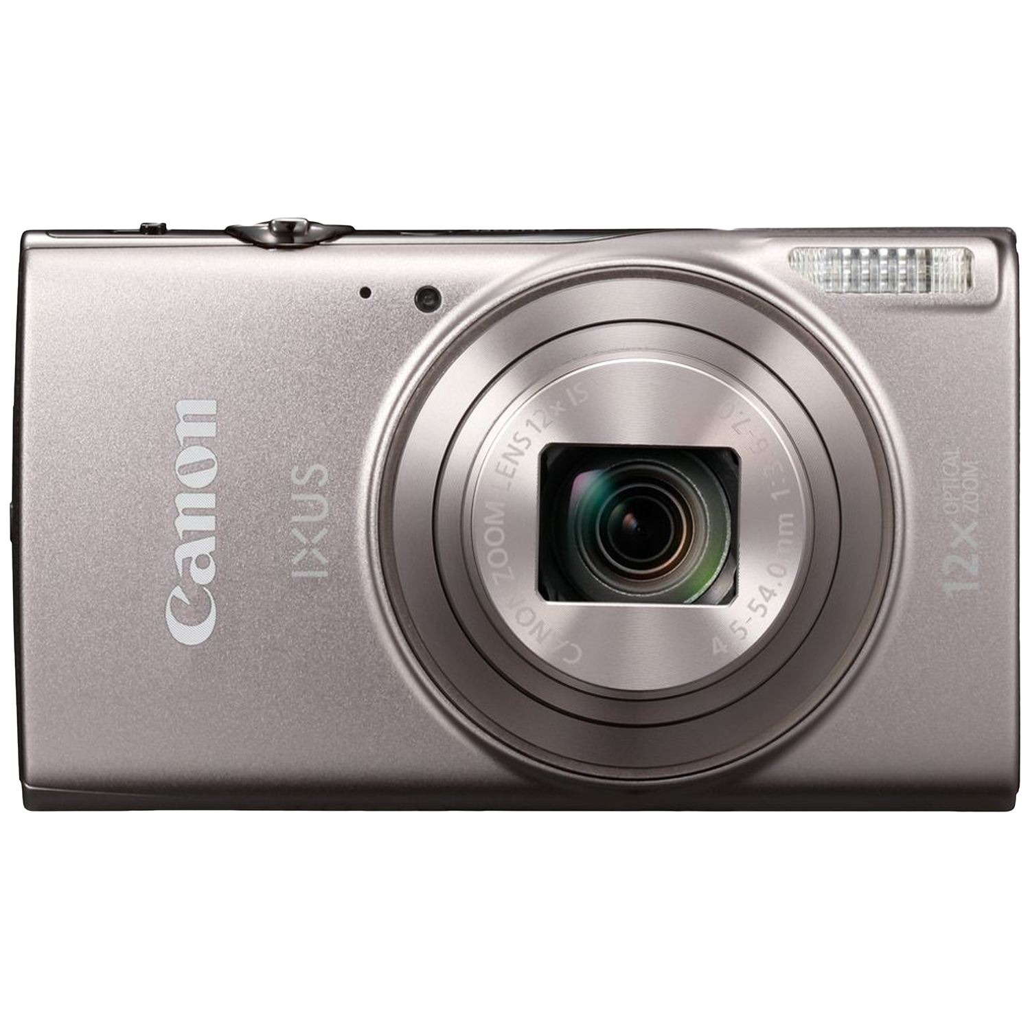 Appareil photo numérique Canon IXUS argenté. Il possède un objectif, un flash et des boutons. Le logo Canon est visible.