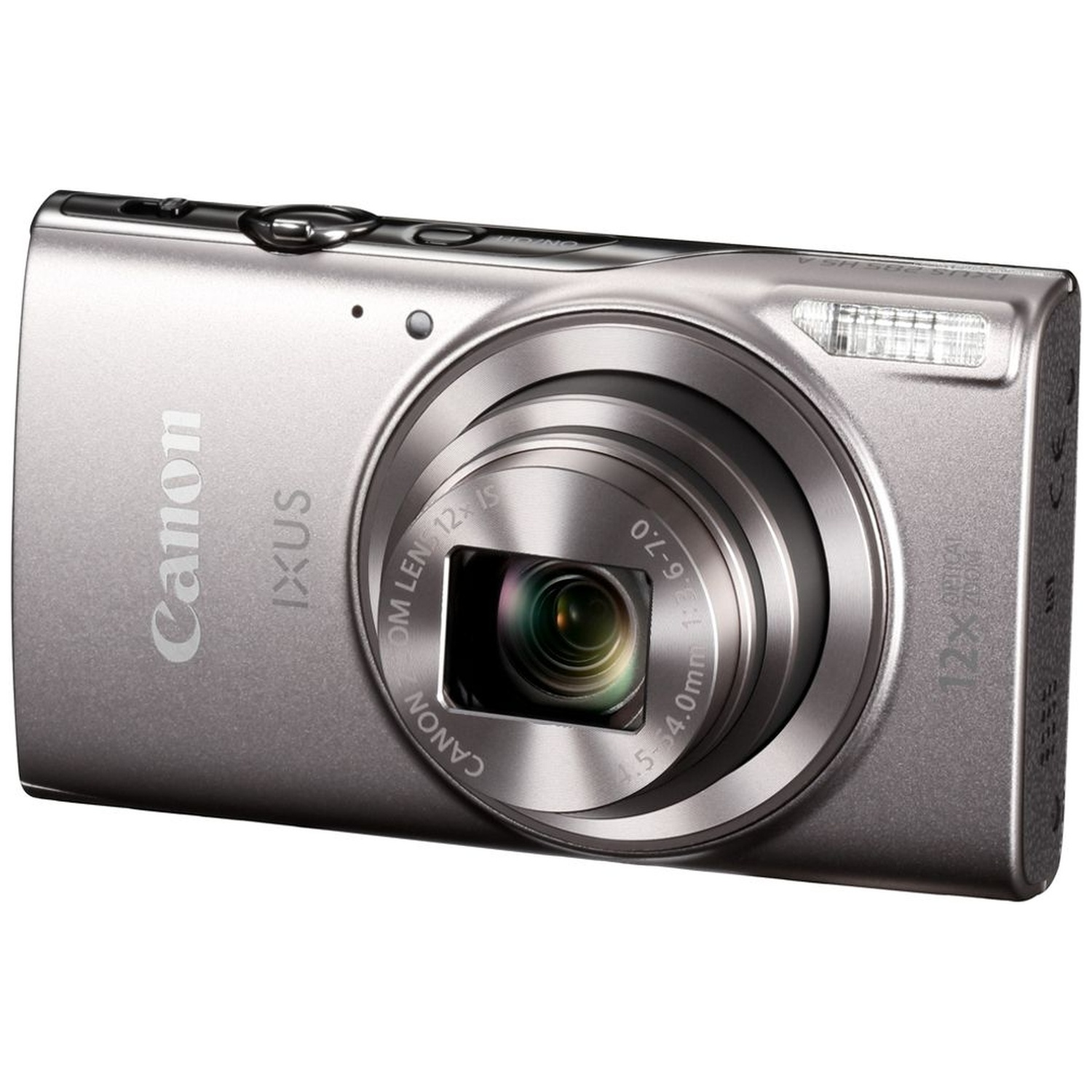 Un appareil photo numérique Canon IXUS argenté est présenté. L'objectif est central, avec des détails comme '12x IS' et 'Canon' visibles.
