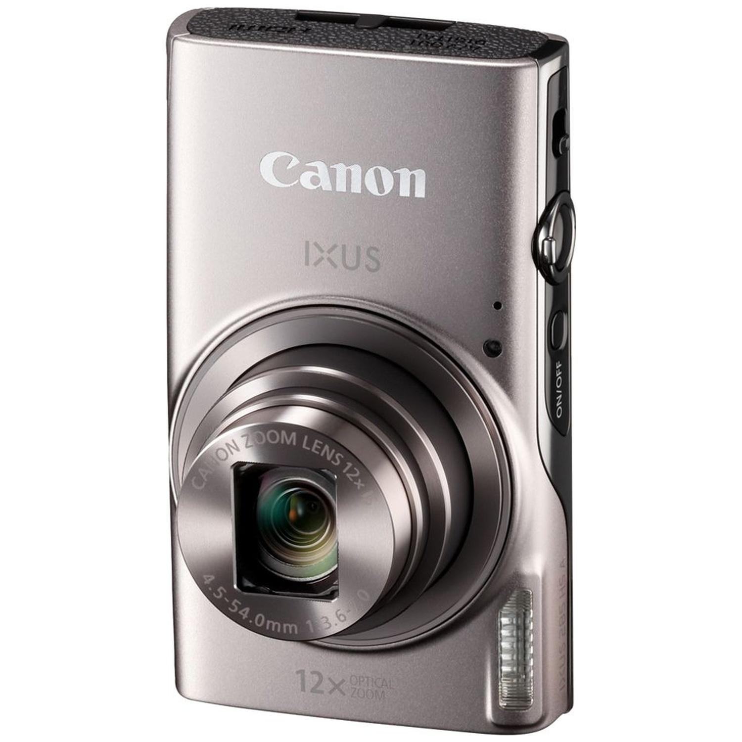 Un appareil photo Canon IXUS argenté. Il possède un objectif zoom, un bouton marche/arrêt et un flash. L'appareil est sur fond blanc.