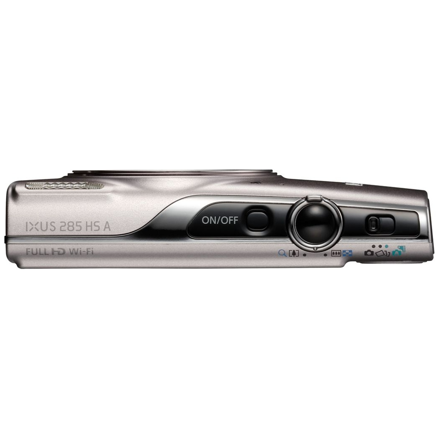 Un appareil photo numérique Canon IXUS 285 HS A argenté. Il dispose d'un bouton marche/arrêt et d'une commande de zoom. L'appareil photo a également le Wi-Fi.