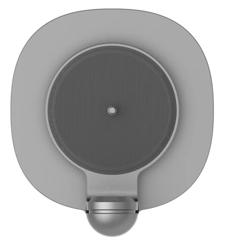 Widok z góry szarego stojaka z okrągłą podstawą, żebrowanym środkiem i zaokrąglonym dołem, na białym tle.