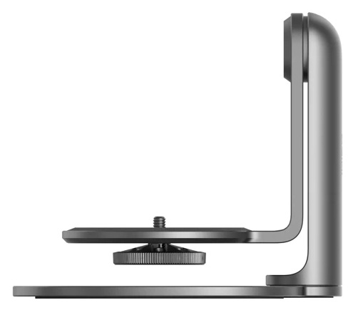 Widok z boku srebrnego wspornika kamery. Ma kształt litery L ze śrubą i płaską podstawą oraz górą.