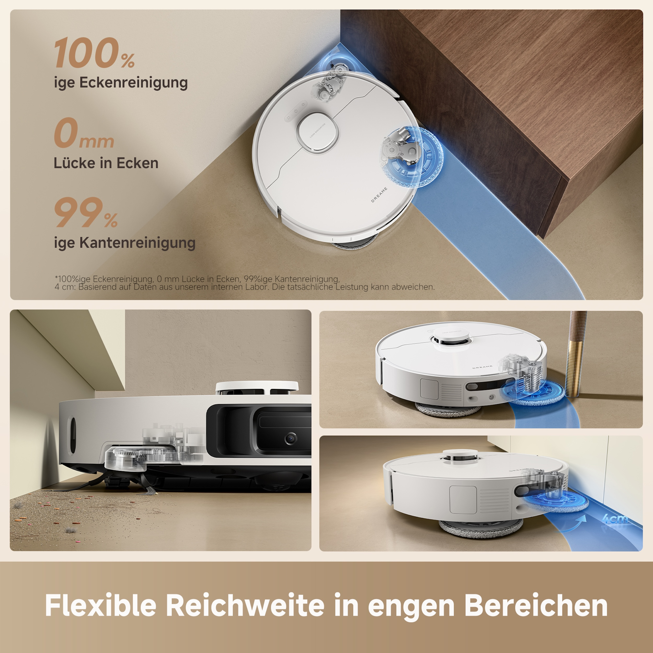 Ein weißer Roboter-Staubsauger reinigt eine Ecke. Text gibt 100% Eckenreinigung, 0 mm Lücke und 99% Kantenreinigung an.