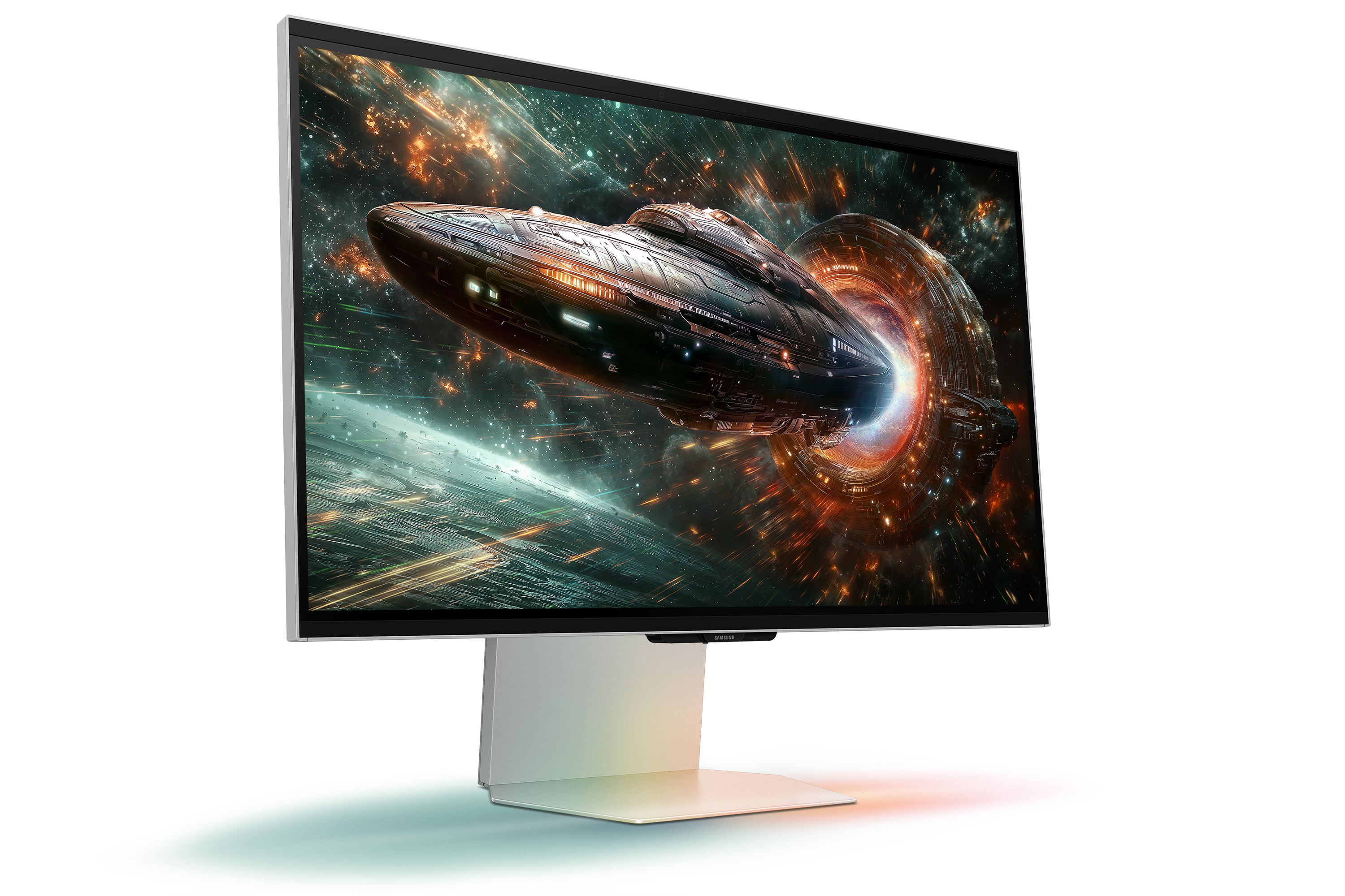Bir bilgisayar monitörü, bir uzay portalına giren bir uzay gemisini gösteriyor. Monitör renkli bir stand üzerinde.