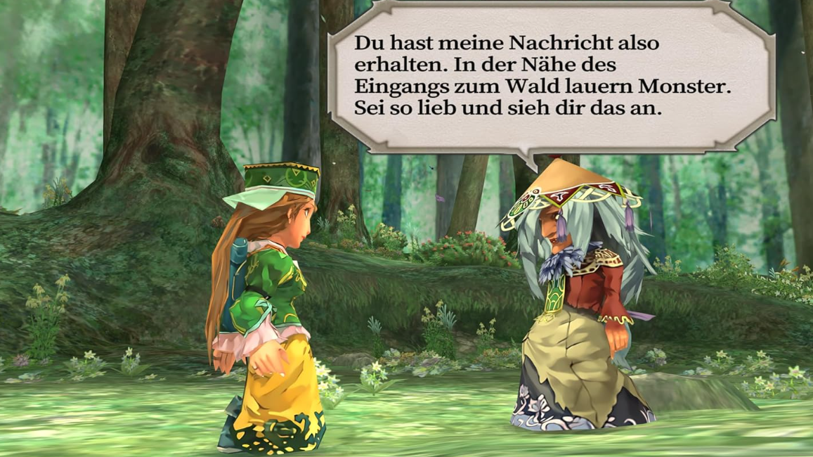 Zwei Anime-Charaktere im Wald, sie reden. Einer trägt Grün, der andere einen Hut. Eine Sprechblase hat Text.