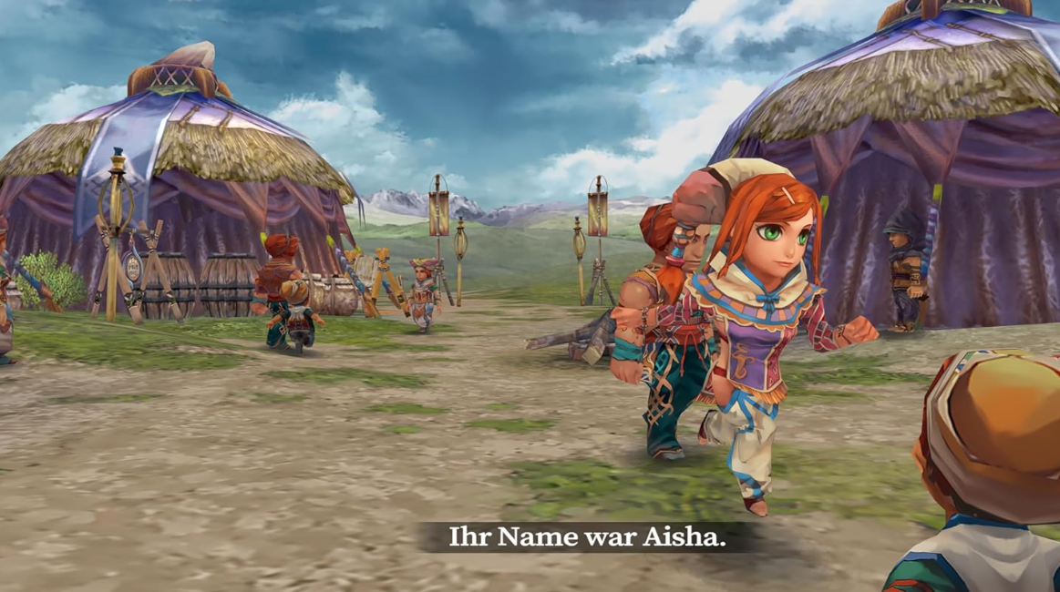 Aisha, eine Frau mit roten Haaren, geht in einem Dorf. Andere Charaktere und Zelte befinden sich im Hintergrund. Der Himmel ist blau.