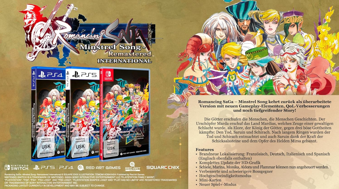 Spielcover mit Charakteren, Logo und Spieleboxen. Das Spiel ist Romancing SaGa - Minstrel Song Remastered International.