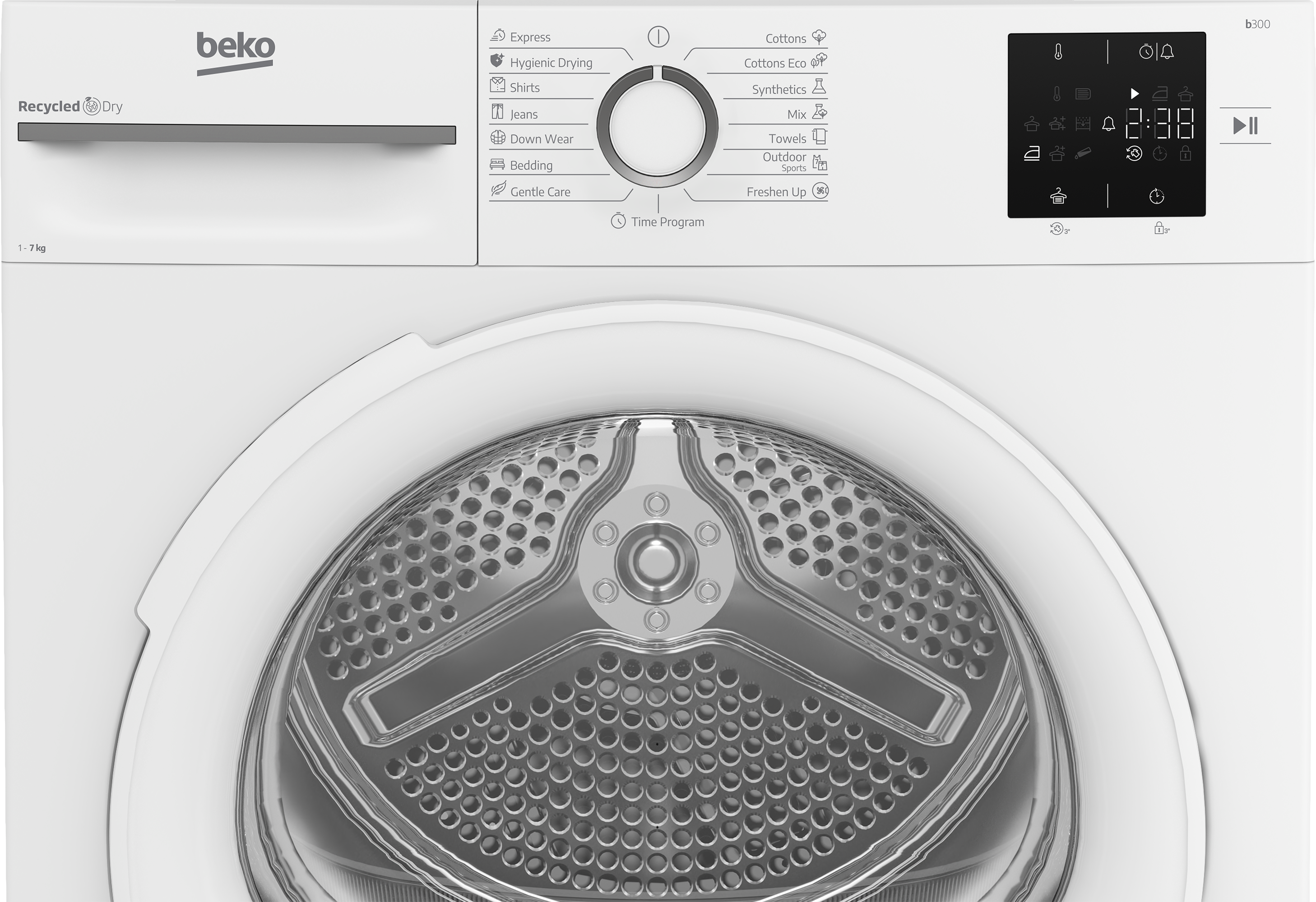 Fehér Beko szárítógép digitális kijelzővel, programbeállításokkal és rozsdamentes acél dobbal. A tárcsa középen van.