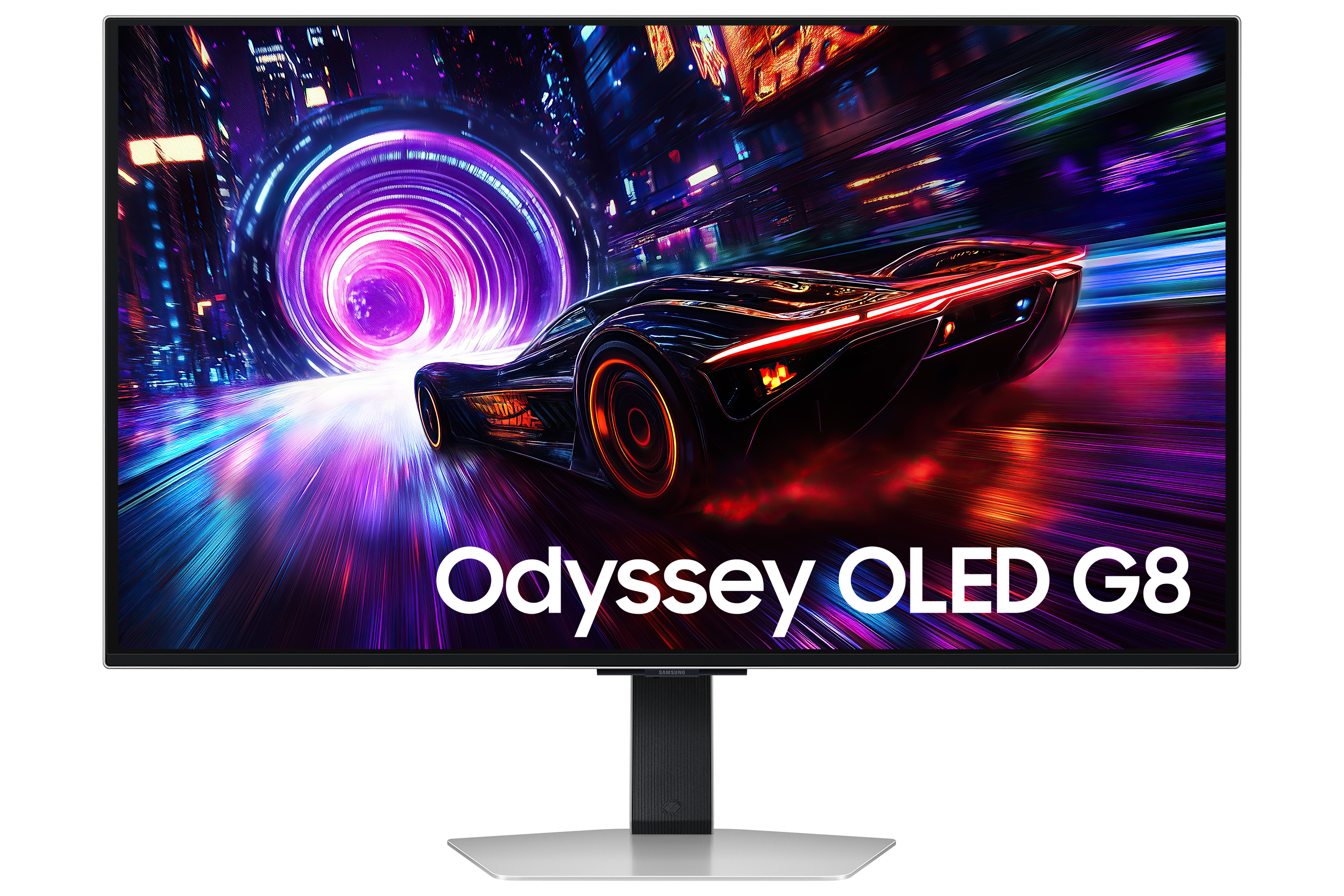 Bir monitörde bir tünelden geçen fütüristik bir araba. Ekranda şu metin yazıyor: Odyssey OLED G8.