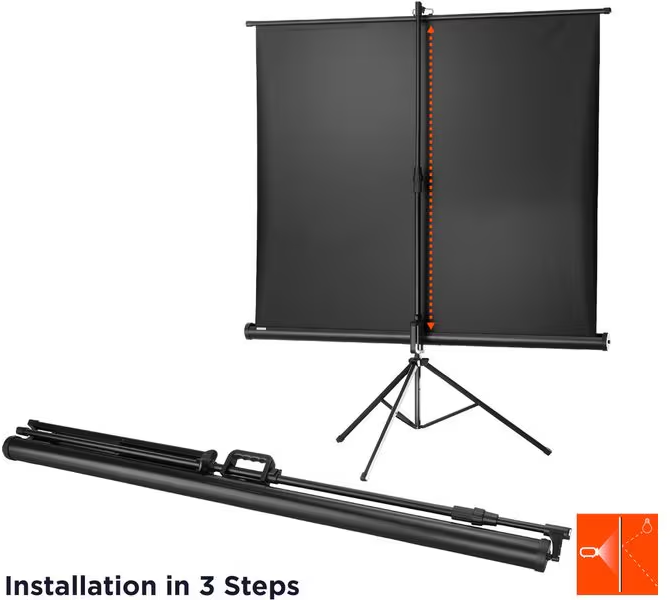 Eine schwarze Projektorleinwand auf einem Stativ. Eine zweite Leinwand ist in ihrem Gehäuse abgebildet. Ein Diagramm zeigt die Installation in 3 Schritten.