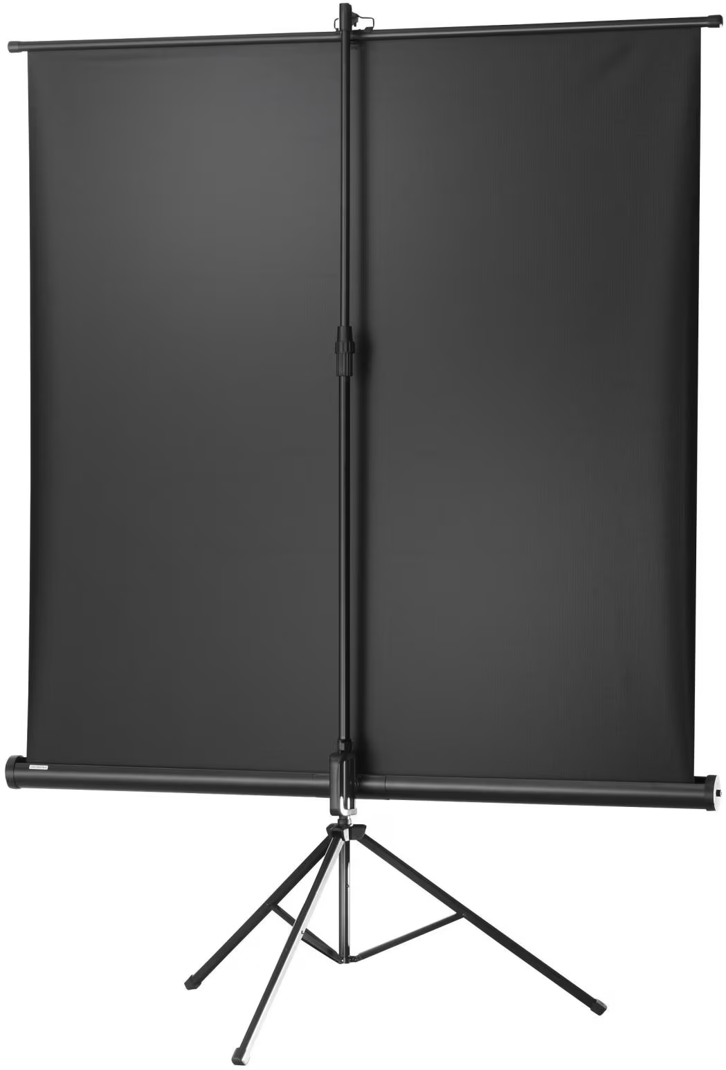 Eine schwarze Projektorleinwand steht auf einem Stativ. Der Bildschirm ist mit einer vertikalen Stange zentriert. Das Stativ hat schwarze Beine mit silbernen Akzenten.