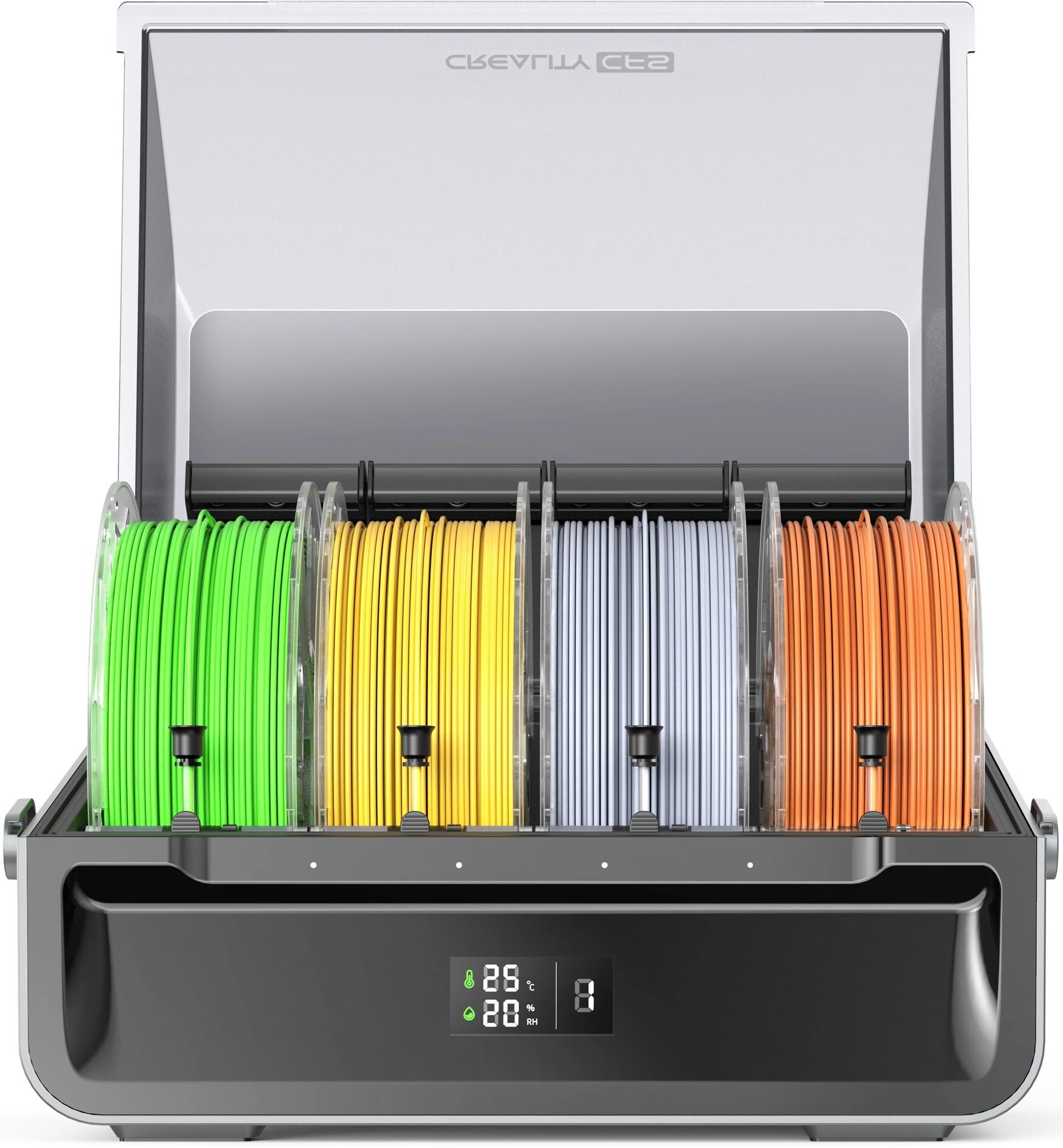 Eine 3D-Drucker-Filament-Aufbewahrungsbox. Im Inneren befinden sich vier Spulen Filament in Grün, Gelb, Grau und Orange. Der Deckel ist geöffnet.
