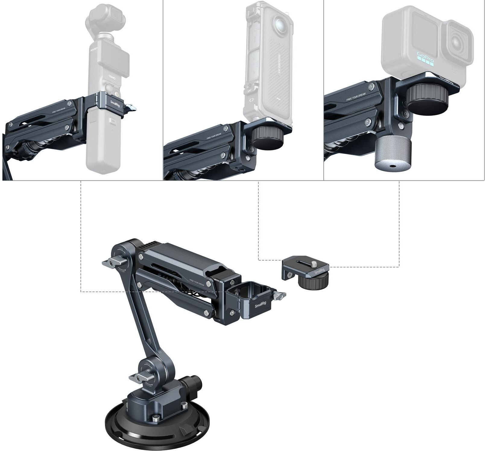 Ein Kamera-Rig mit mehreren Konfigurationen, das verschiedene Kameras hält. Enthält einen Saugnapf und verstellbare Arme.