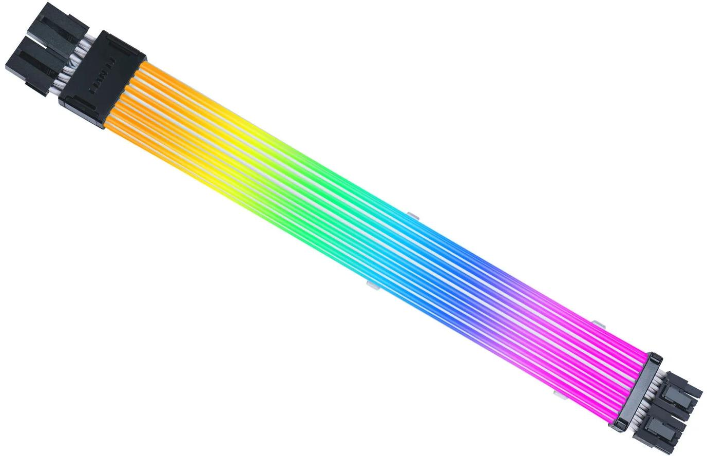 Un cavo per computer arcobaleno, con connettori neri a ciascuna estremità. Il cavo è composto da molti fili colorati paralleli.