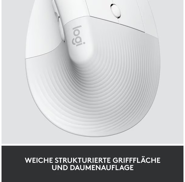 Gros plan d'une souris ergonomique blanche. La souris a une zone de prise texturée et un repose-pouce. Le logo Logitech est visible.