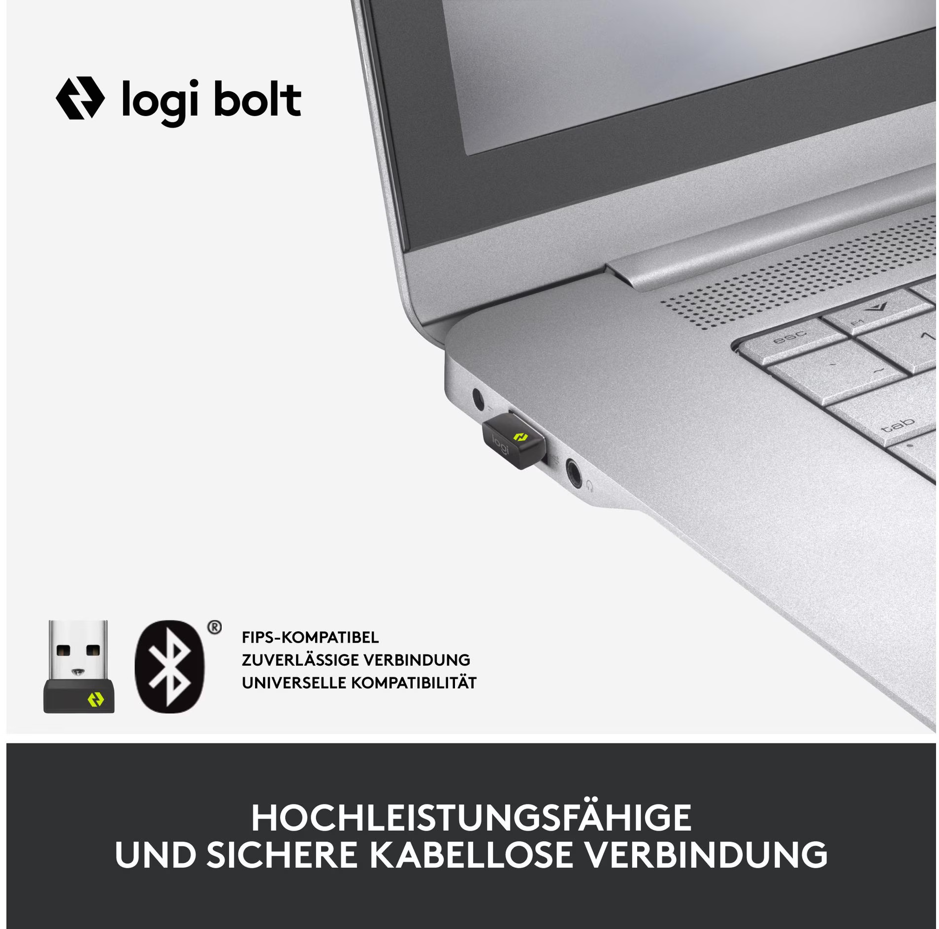 L'image montre un ordinateur portable avec un récepteur USB. Le logo Logitech est visible. Le texte inclut 'Hochleistungsfähige und sichere kabellose Verbindung'.