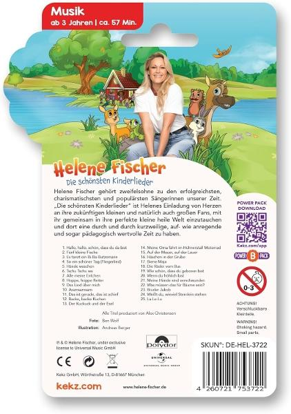 Die Rückseite einer Kinder-CD mit Helene Fischer, Cartoon-Tieren und Text auf Deutsch.