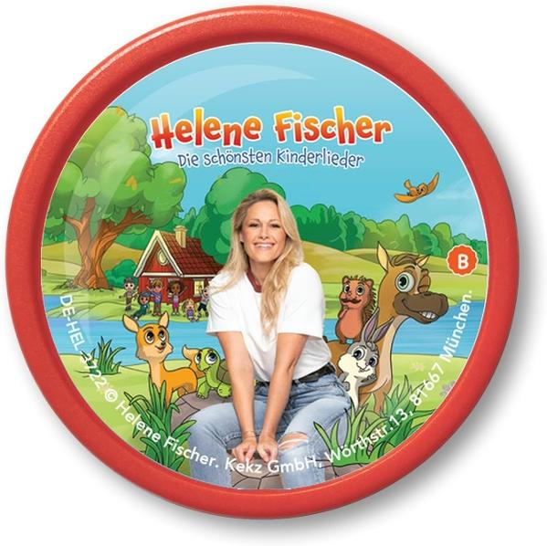 Helene Fischer sitzt umgeben von Zeichentricktieren und einem Haus. Der Titel lautet 'Die schönsten Kinderlieder'.